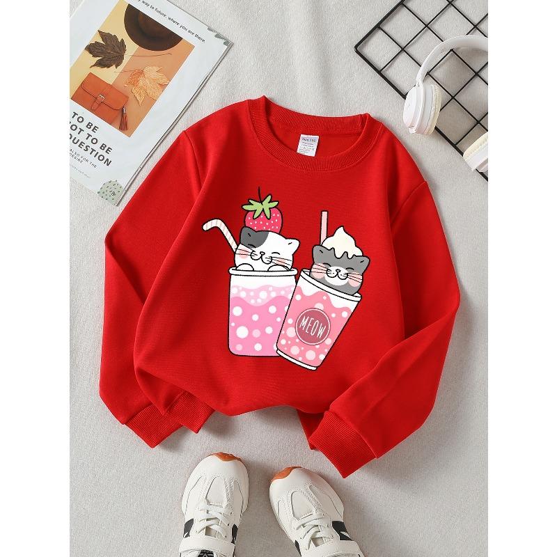 European sizes Girls Soft Crewneck Sweatshirt Cute Cat Strawberry Milk Tea Print, Casual All-Match, Ideal Holiday Present