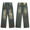 Mens Distressed Straight Fit Denim Jeans With Embroidery Mid-Rise Water Washed Cotton Blend Streetwear Casual Pants