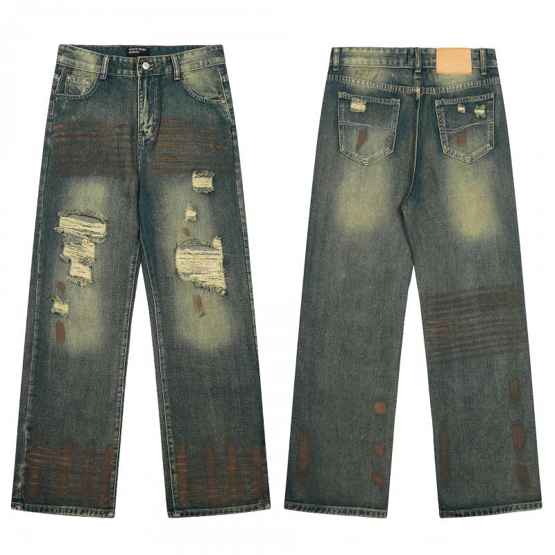 Mens Distressed Straight Fit Denim Jeans With Embroidery Mid-Rise Water Washed Cotton Blend Streetwear Casual Pants