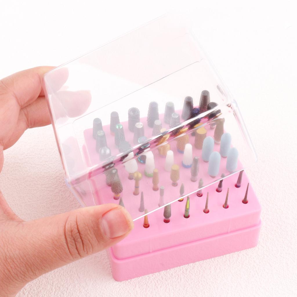 49 Holes Nail Drill Bit Holder Display Case with Transparent Cover Nail Drill Bits Storage Box Pink