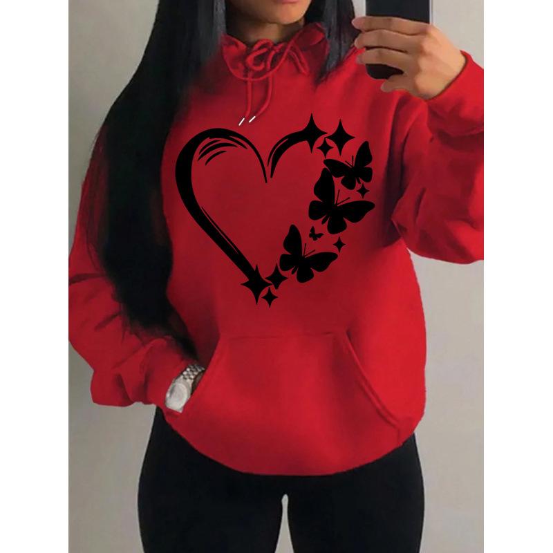 European & American Style Love Heart Butterfly Print Women's Hooded Sweatshirt - Trendy Street Style Pullover