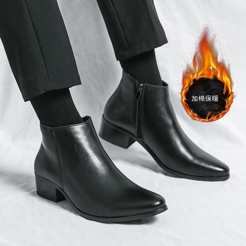 Chelsea boots winter leather velvet thermal leather boots pointed high-top leather shoes short boots Martin boots