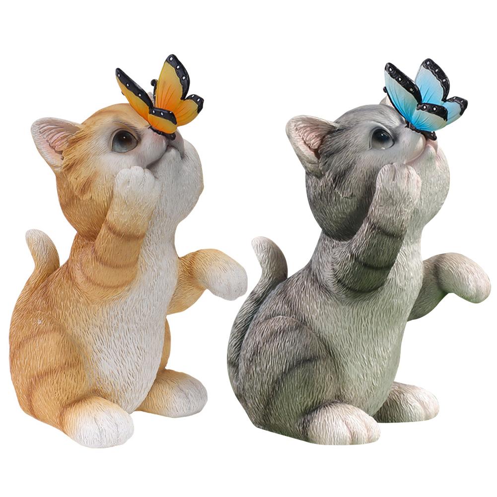 

uk* Cute Kitten Ornament Cat Figurine with Solar Butterfly Light for Garden Yard