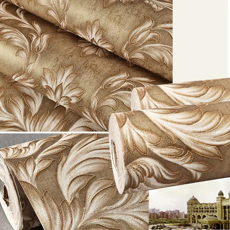 Evropský styl 3D stereo damaškový flokovaný netkaný tapetový role pro ložnici, obývací pokoj, moderní jednoduchá dekorace, tapetová role