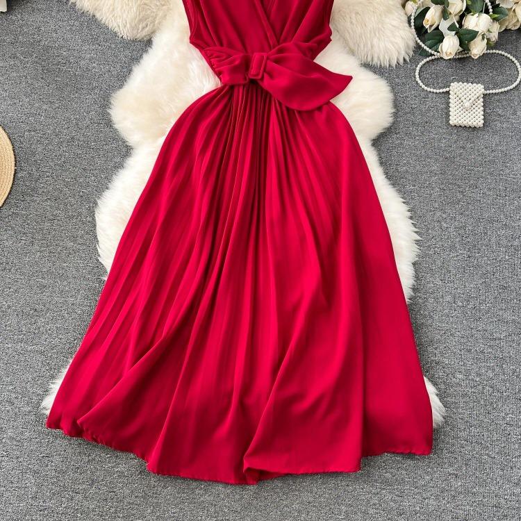 Sommer Neues Französisches Chic Maxikleid Damen V-Ausschnitt Ärmellos Schnürung A-Linie Falten Damenkleider Damen