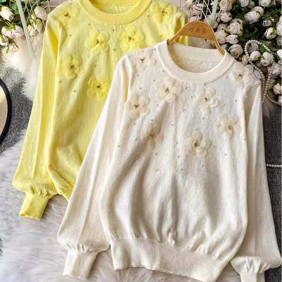 A New Large-sized, Youthful and Elegant, Versatile Sweater with A Round Neck and Three-dimensional Beaded Floral Knit Top for Women