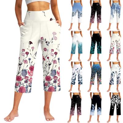 Damen Casual High Waist Pocket Print Hose Jogginghose Seven Pants