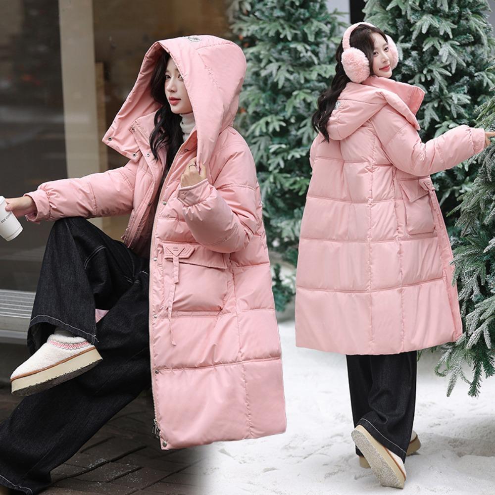 

2025 winter new long Korean version loose down cotton-padded coat women s long over paint thickened women s hooded cotton-padded jacket M розовый