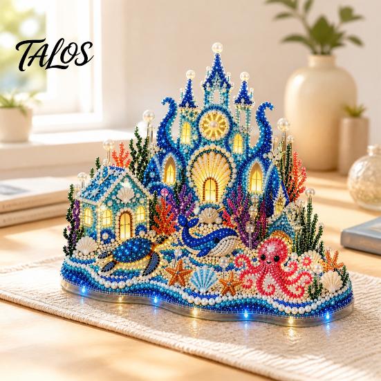 Handmade Desk Decor 3D Ocean Village Diamond Painting DIY Kit for Adults, Castle Art Craft Marine Life Projects Set, Rhinestone Mosaic Decoration Home