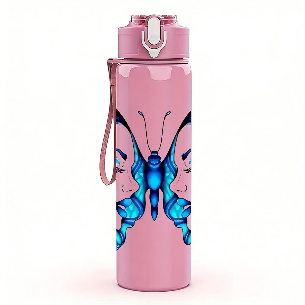 1PC Blue Gradient Butterfly Wing Print 750ml Color Plastic Sports Water Bottle Leakproof Flip Straw Lid Suitable for Sports Office Home Use