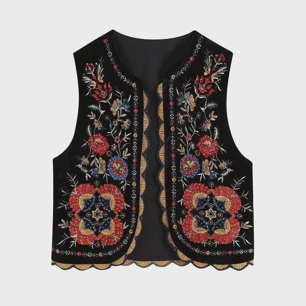 Retro Black Embroidered Velvet Vest for Women