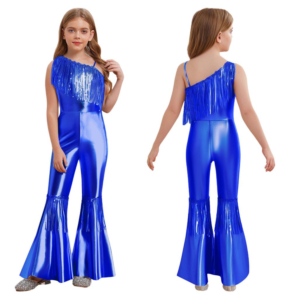Kids Sparkly Jumpsuit Off-shoulder Sleeveless Sequin Tassels Flared for Pageant Show