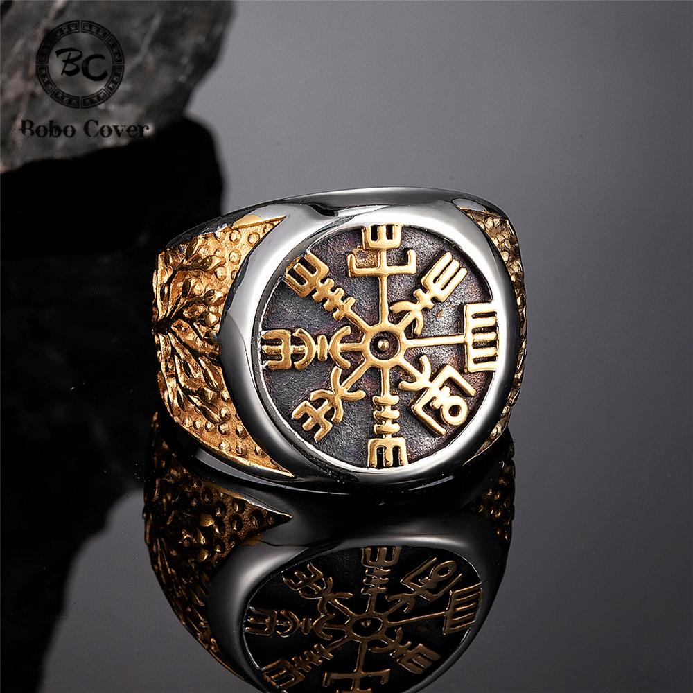 Never Fade Gold Viking Trident Rune Ring Men Stainless Steel Norse Valknut Amulet Jewelry Gift for Him