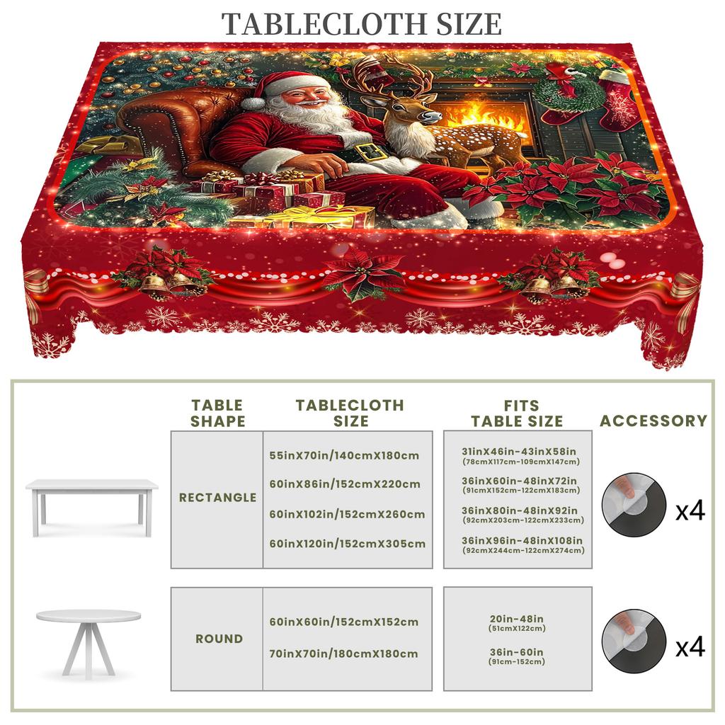 Christmas Vintage Farmhouse Tablecloth with Santa, Reindeer & Xmas Tree Prints. Rectangular & Round Sizes for Xmas/New Year Parties, Kitchen, Indoor &