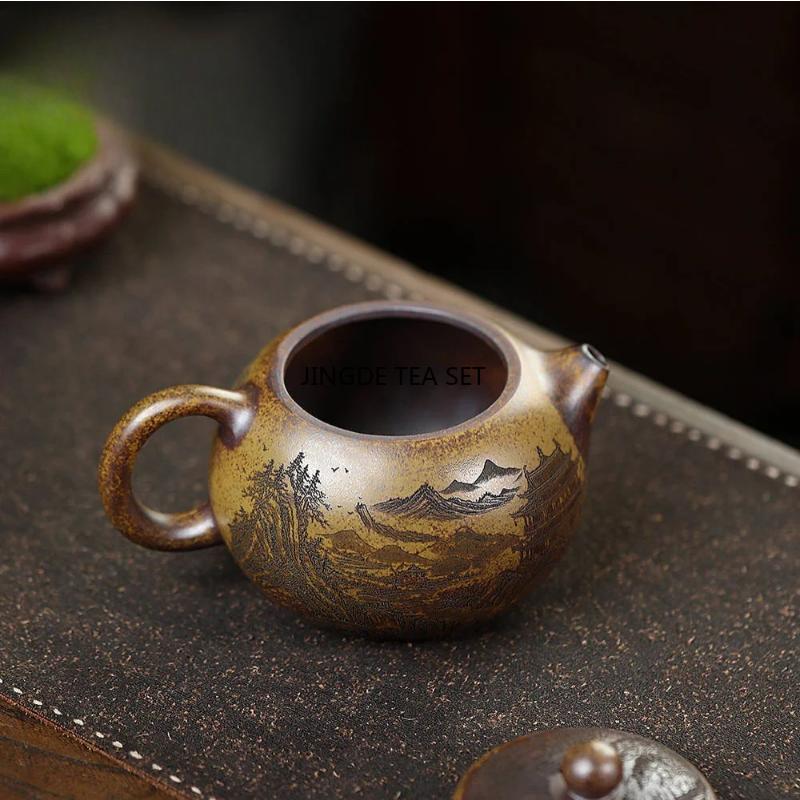Yixing Purple Clay Teapot Large Capacity Burnt Wood Dragon Bone Golden Sand Phoenix Joyful Stone Chinese style Tea Pot