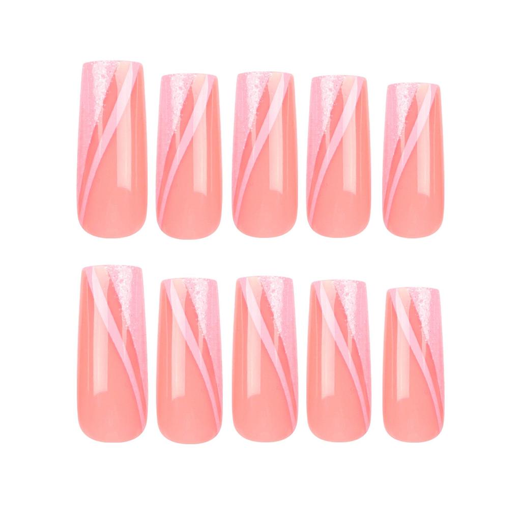 Removable Pink Glitter Patchwork Long Wearable Nails with Nail Art Tips
