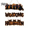 Halloween Wooden Sign Door Sign, Black Cats Broom Front Hanger, Rustic Multi-layer Polished Wood Hanging Welcome for Home Window Wall Party