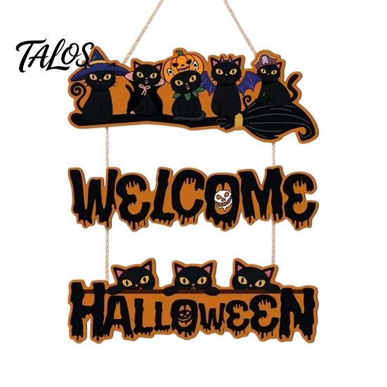 Halloween Wooden Sign Door Sign, Black Cats Broom Front Hanger, Rustic Multi-layer Polished Wood Hanging Welcome for Home Window Wall Party
