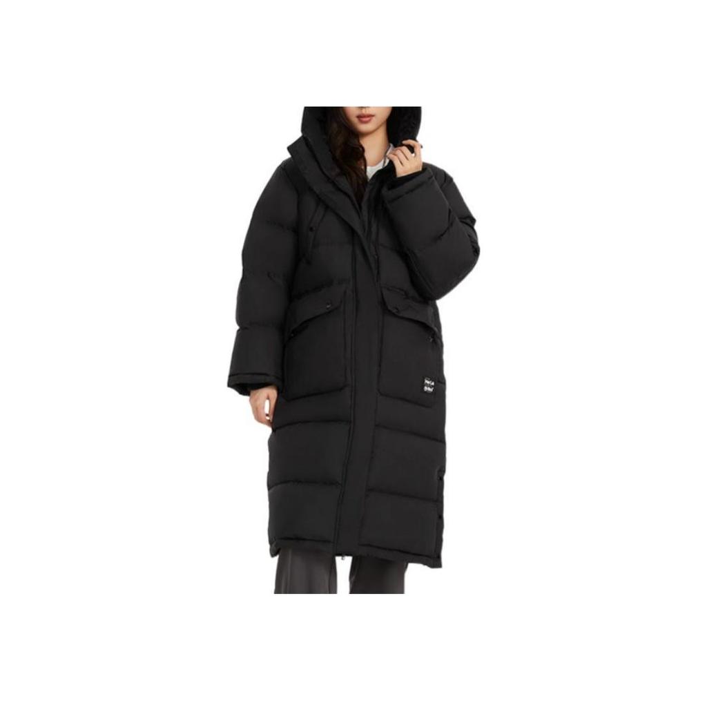 Li Ning Anti-Five Series Solid Color Logo Windproof Long Hooded Down Jacket Women Outerwear Black AYMR092-3