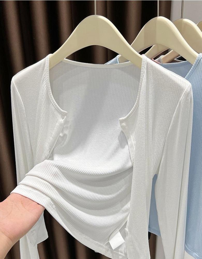 Damen Rippstrick Cardigan Jacken Sonnenschutz Überwurf Schal Hemd Locker Lässig Einfarbig Langarm Gestrickt Dünn Kurze Mäntel