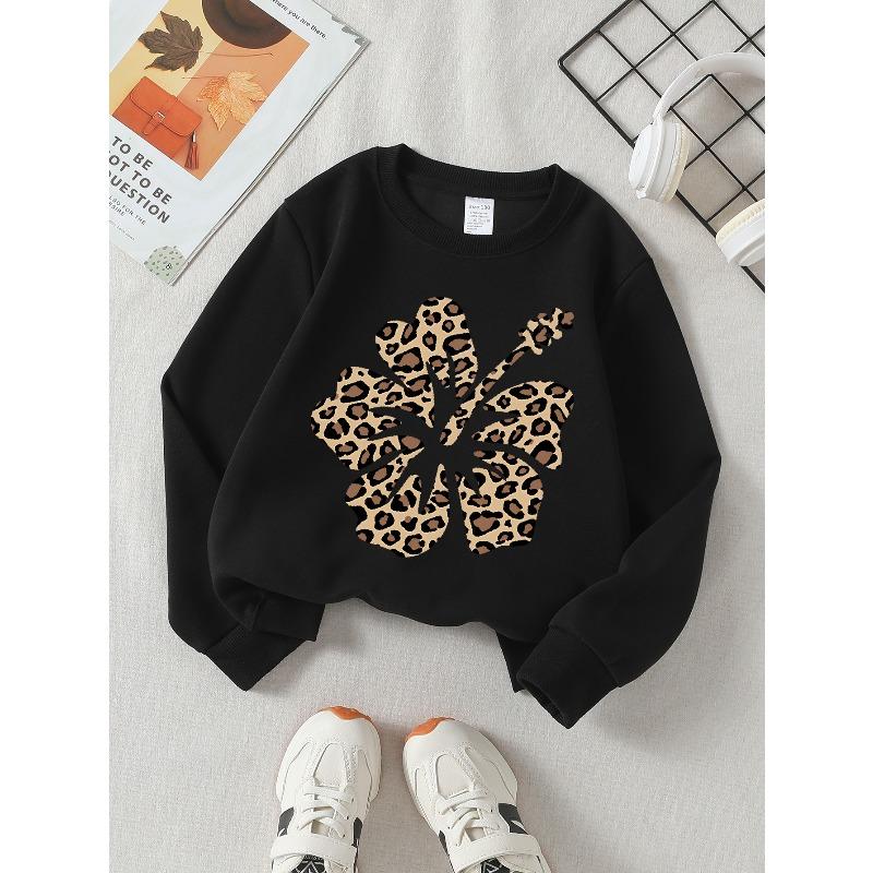 Leopard Print Flower Design 2026 New Girls' Long-sleeve Casual Crewneck Sweatshirt, Suitable for Outdoor Sports and