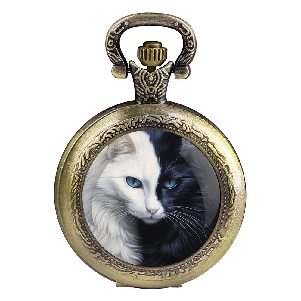 

Cool Black White Cat Pattern Arabic Digital Dial Quartz Pocket Watch Vintage Necklace Pendant Chain Gift for Women Man Children бронзовый