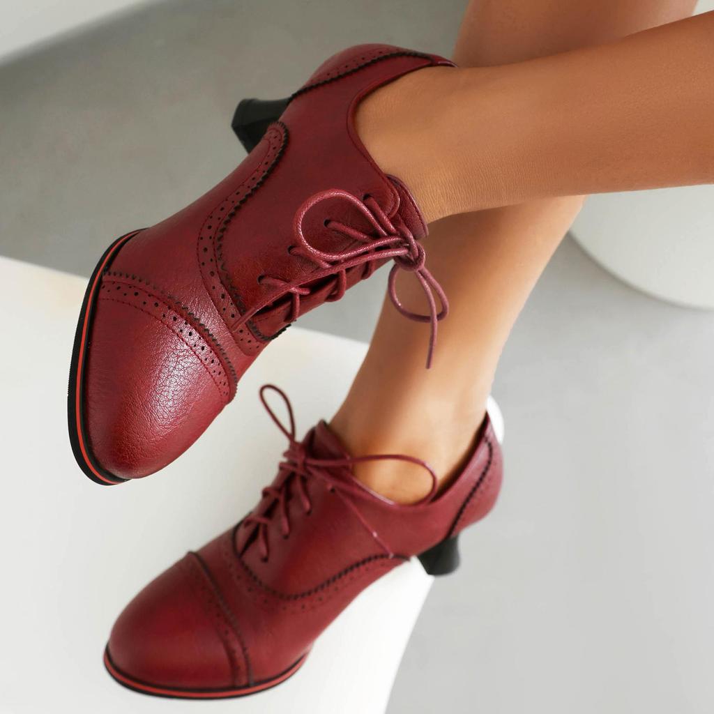 Q/Damen-Einzelschuhe mit hohem Absatz, Retro-Stil im britischen Stil, einfarbig, große Schnür-Low-Top-Schuhe