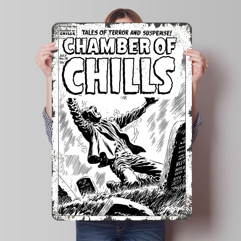 

CHAMBER OF CHILLS 18 WHITE Poster Customized Wall Art Vintage Metal Signs Retro Tin Plaque for Man Cave Bathroom Decor Wand Deko 7.9x11.8In(20x30cm)