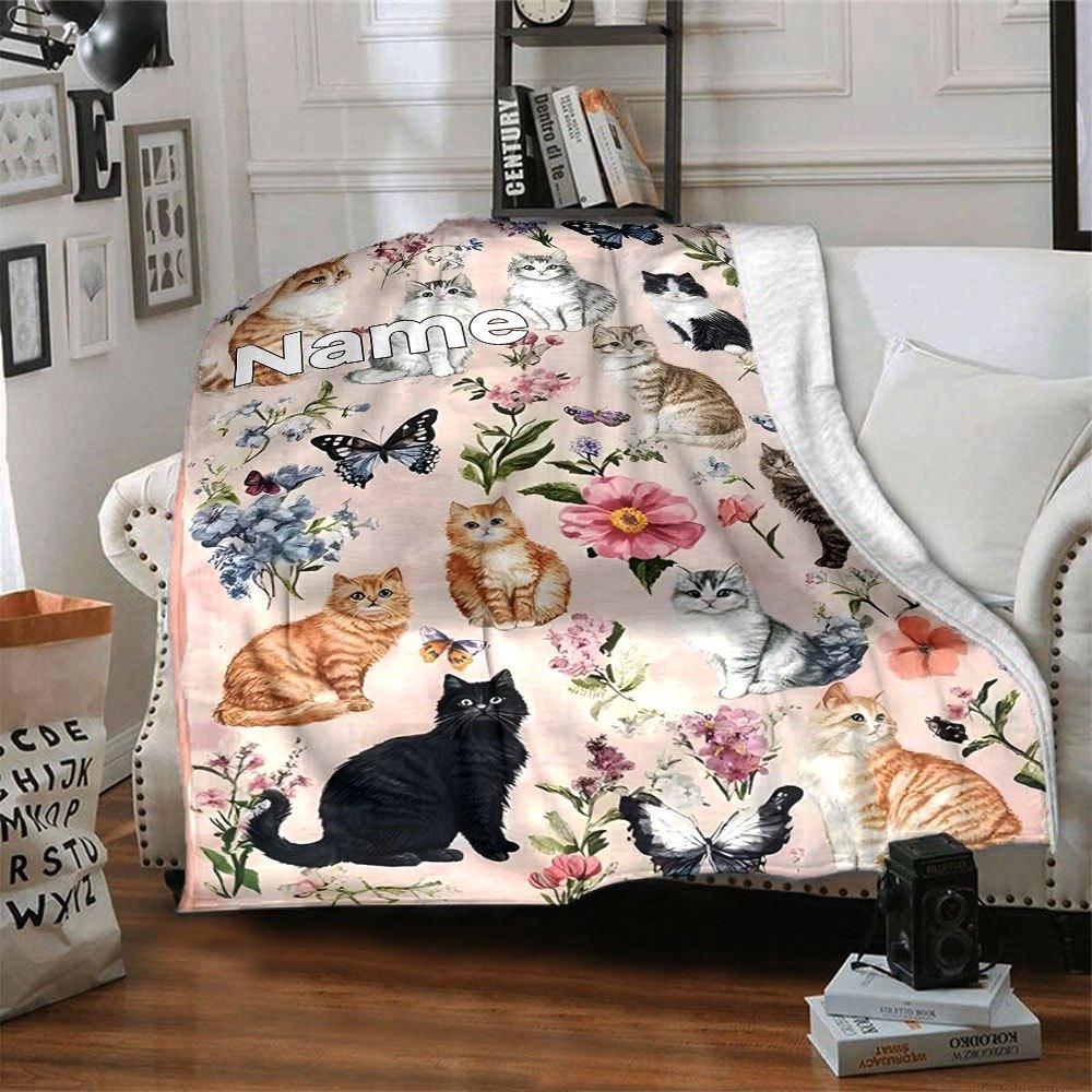 Cats And Flowers Home Customize Your Name Blankets Soft Cozy Lightweight Blanket For All Seasons Perfect For Picnics Sofa Office Bed Living Room Ideal