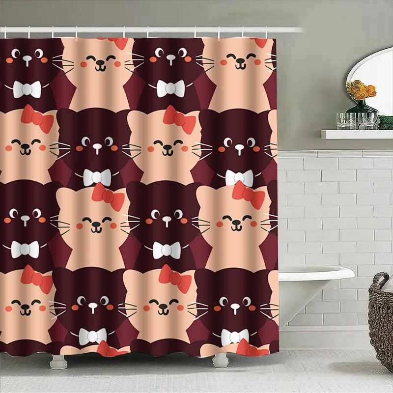Kitten Shower Curtain Set Red And Pink Cat Print Fabric Waterproof Bath Decor For Bathroom Accessories Home Supplies
