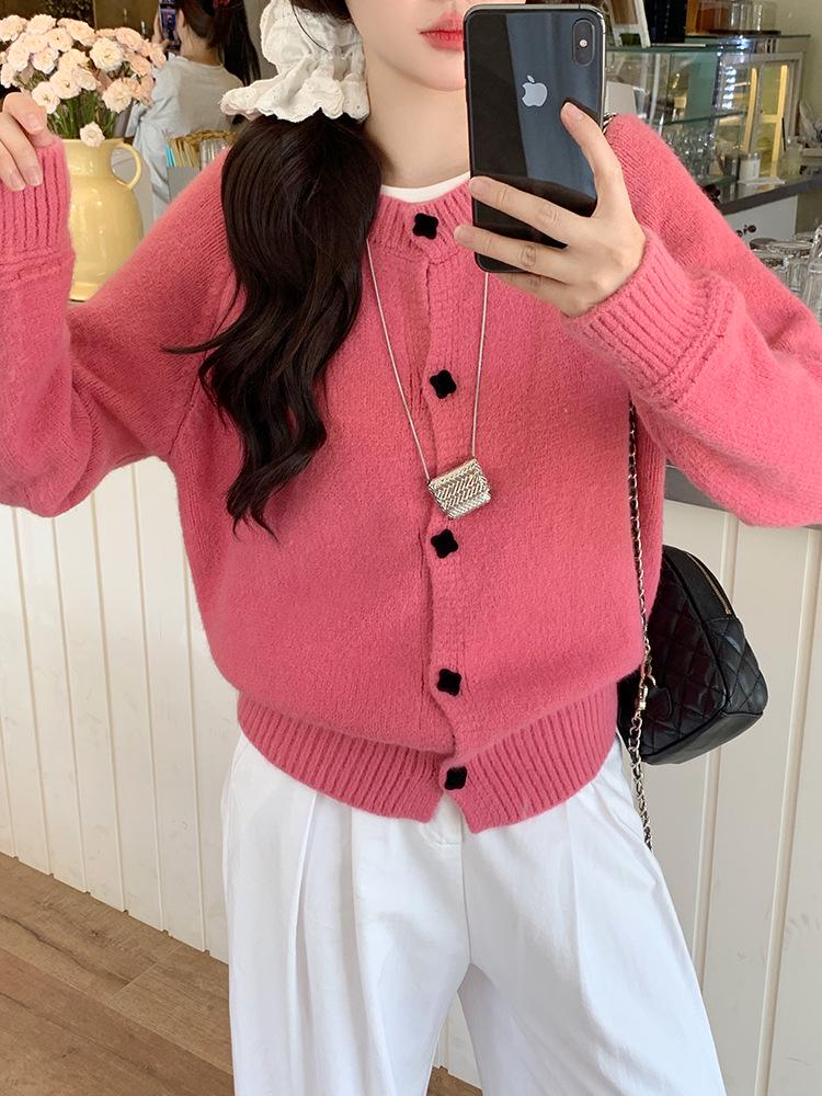 Damen Plus Size Süßer Gestrickter Pullover im Koreanischen Stil mit Quadratischer Schnalle