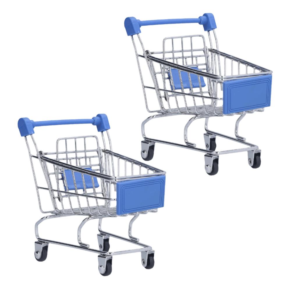 2pcs Blue Color Supermarket Handcart Small Size Desktop Shopping Cart  Office Decor