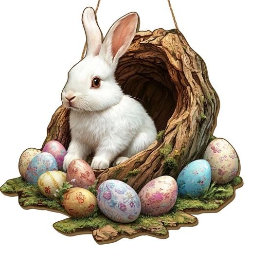 Easter Bunny Sign for Front Door Wooden Farmhouse Indoor Fireplace Window Hanging Wreaths Welcome Banner Decoration for Home Garden Fence