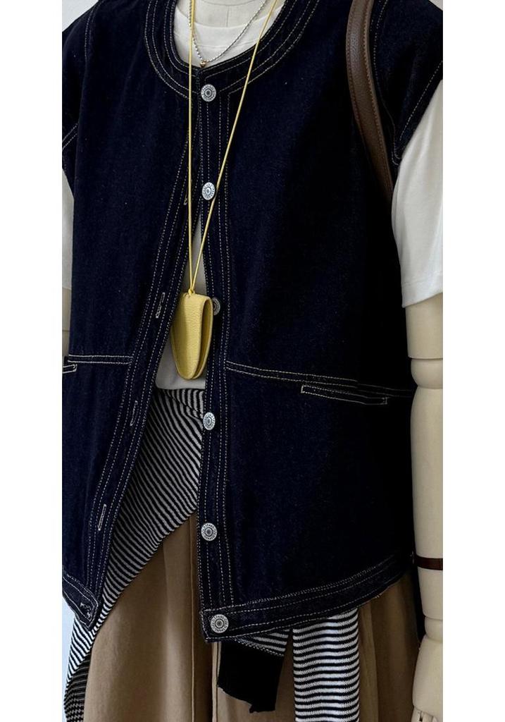 Navy Blue Contrast Stitching Loose Casual Vest