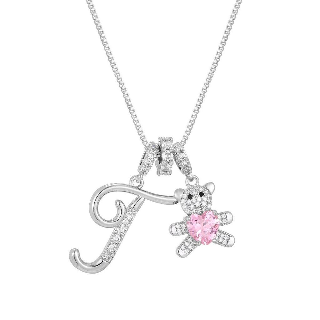 Luxurious Teddy Bear Pendant Necklace with Diamond Inlaid 26 English Letters Charm - European and American Fashion Style