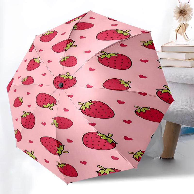1pc Strawberry Pattern Automatic Open/Close Umbrella, Portable Folding Umbrella for Travel, Themed Events089