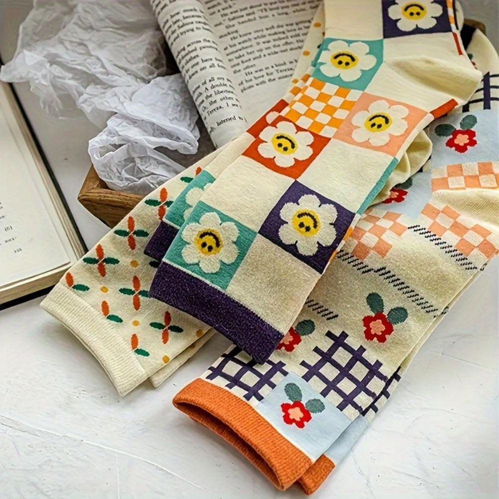 5 Pairs Floral & Argyle Socks, Vintage & Sweet Mid Tube Socks, Women's Stockings & Hosiery