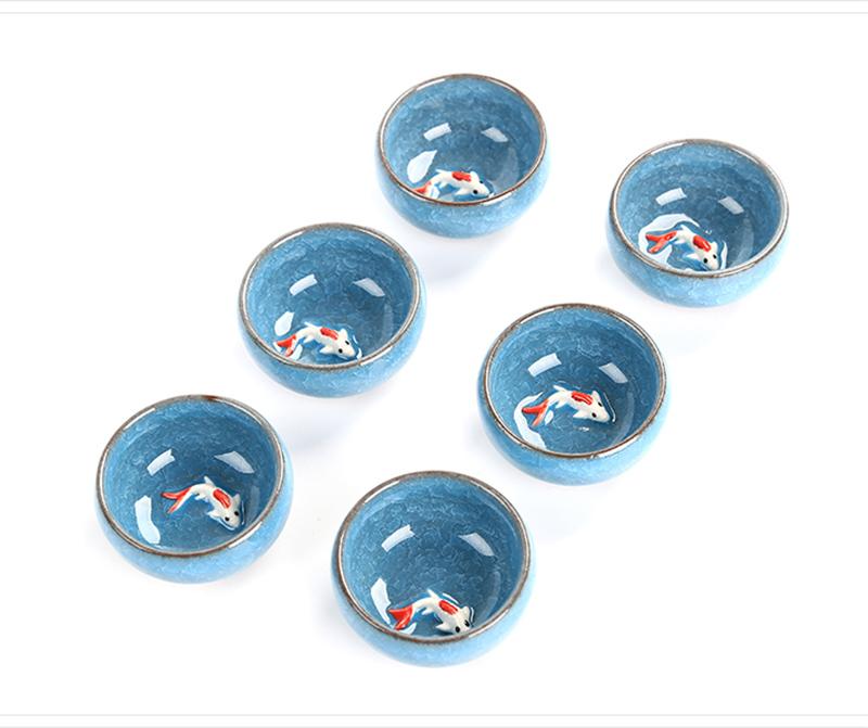 

6pcs Ceramic 3D Golden Fish China tea cup set,Crackle Glaze Travel Tea Bowl Chinese Porcelain Teacup Sets Kung Fu Tea Set
