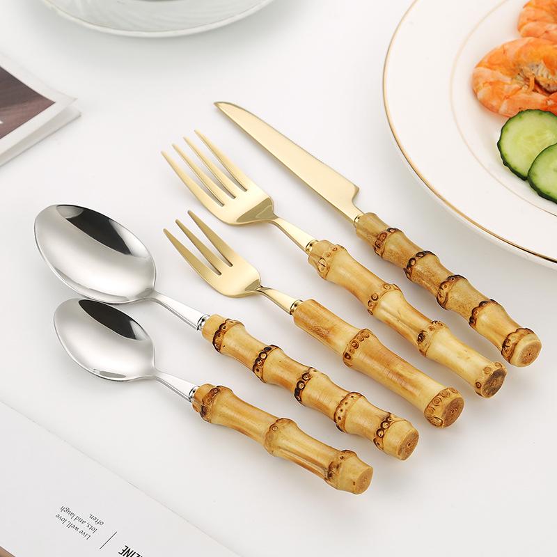 Bamboo Handle Cutlery Set: Solid Wood Steak Knife, Fork, and Spoon with 304 Stainless Steel Retro Design.