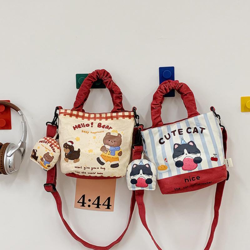 Canvas Cartoon Cat And Bear Print Bucket Bag With Zipper Inner Pocket For Daily Outings