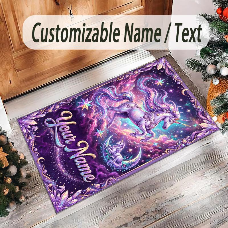 Alfombra de Suelo de Terciopelo de Cristal con Temática de Unicornio, Alfombra Cálida Personalizada con Nombre y Texto, Decoración del Hogar