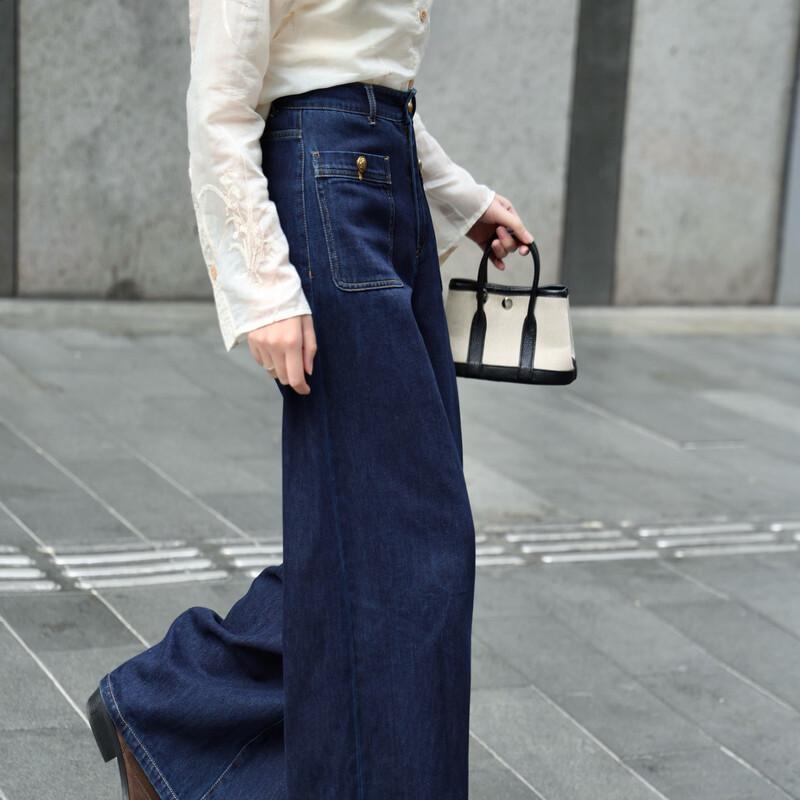 Women's High-Waisted Loose Straight Pure Cotton Denim Wide-Leg Pants