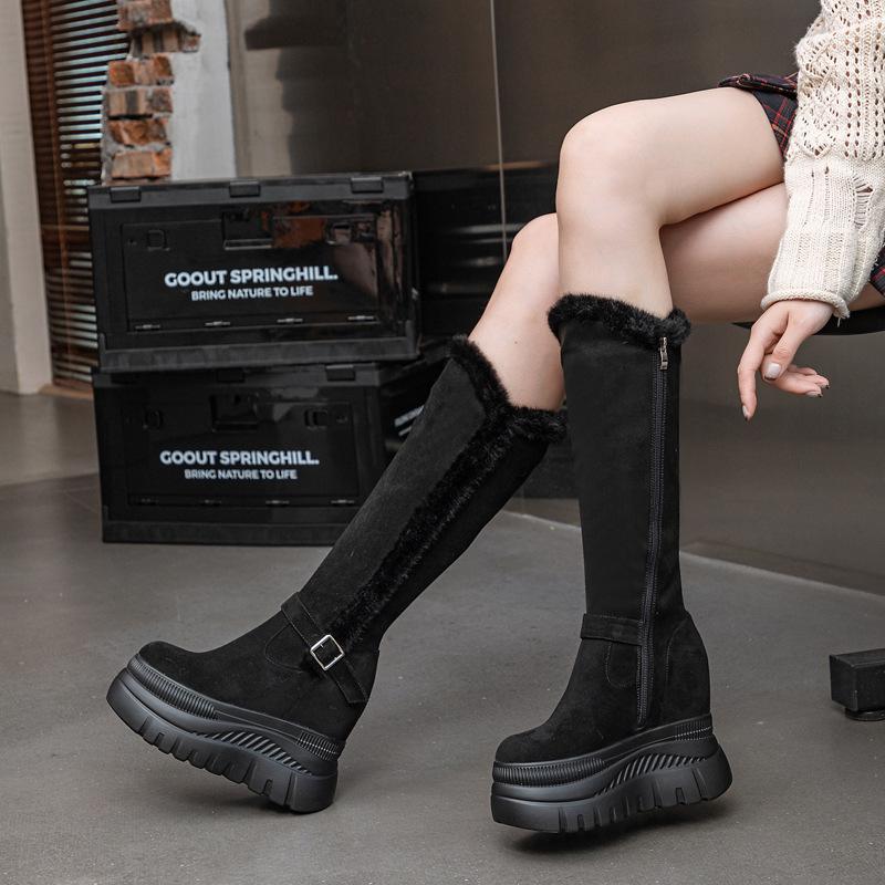 Fashion New Winter Women Snow Boots Platform Wedge High Heel Faux Fur Lady Shoes Female Plush Warm Non-slip Mid Calf Boots Goth Shoes