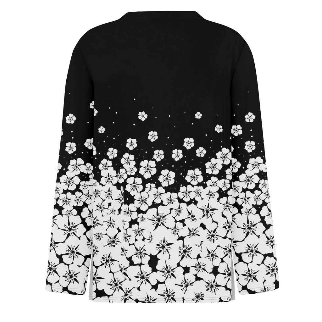 Dames casual T-shirt met split aan de zoom, ronde hals, lange mouwen en losse print.