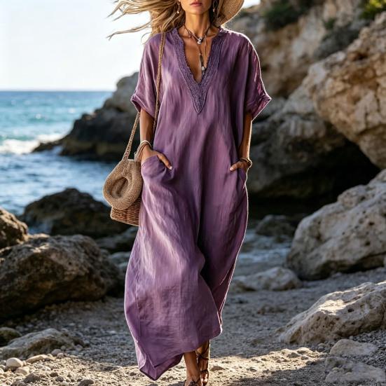 Summer Maxi Dress for Neck Flowy Long Women Loose V Dress Casual Short