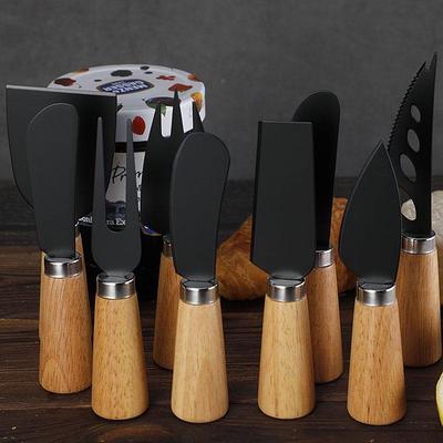 Stainless Steel Black Cheese Knife Set with Rubber Wood Handle for Butter & Pizza