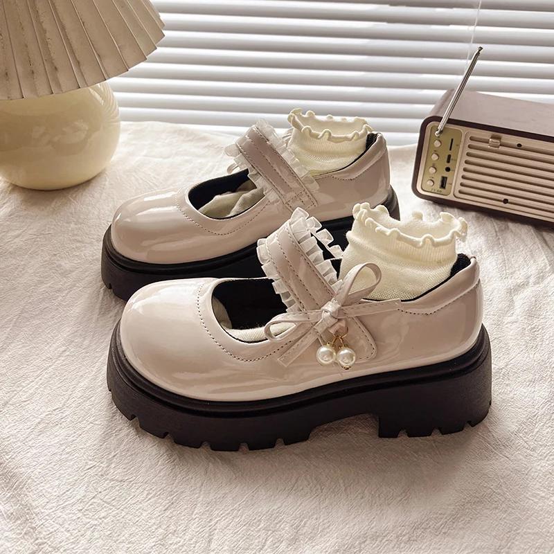 PU Leather Girls Black School Shoes Princess Soft Kids Flats Mary Janes for Wedding Party with Pearl Pendant Sweet Bright Skin