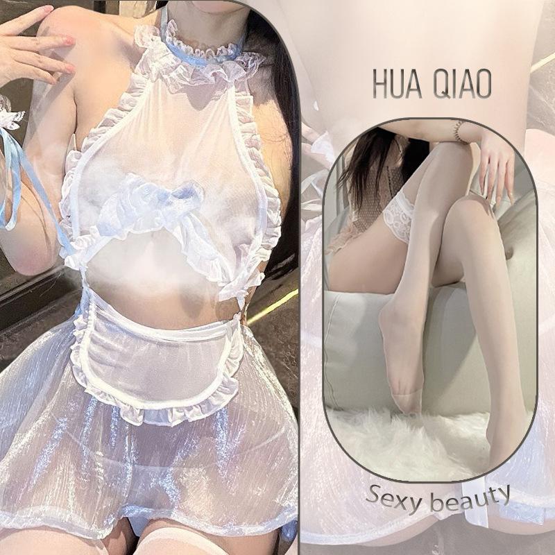 Sexy lingerie sexy maid lace back strap neck thin flash perspective gauze skirt uniform abstinence