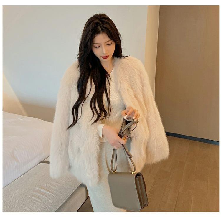 Modischer, umweltfreundlicher, einfarbiger Kunstfuchspelzmantel für Damen mit elegantem Temperament