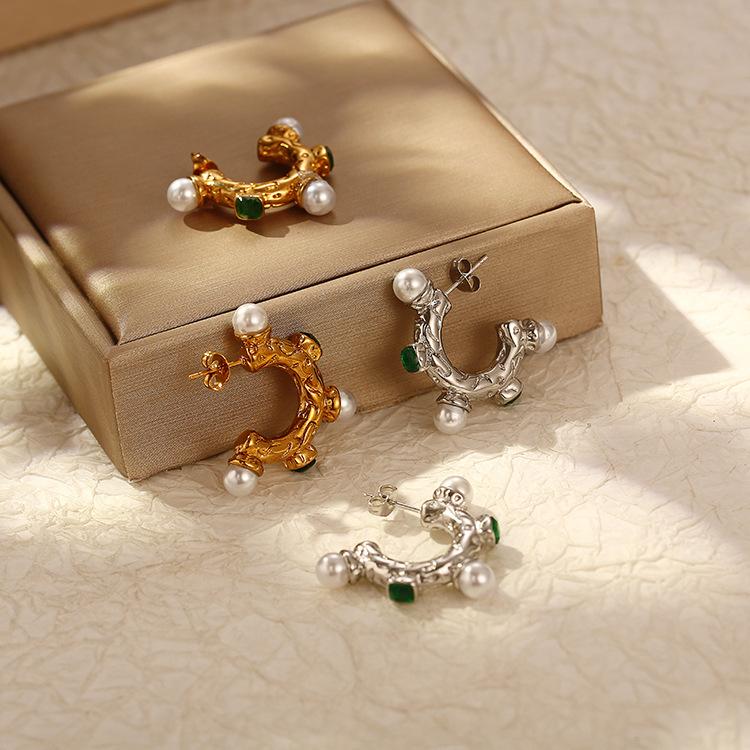 Retro Diamond-set Pearl Stainless Steel Earrings Light Luxury Asymmetrical Trend C-Shaped Women's Earrings